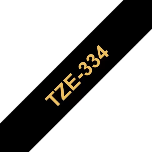Brother TZe334 Genérico Fita Laminada para Etiquetas - Texto dourado sobre fundo preto - Largura 12mm x 8 metros