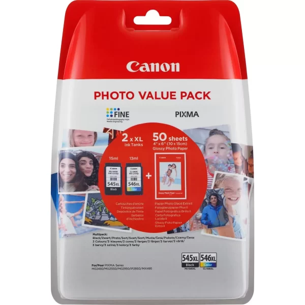Canon PG545XL Preto + CL546XL Colorido Pacote com 2 Cartuchos de Tinta Originais - 50 Folhas de Papel Fotográfico - 8286B006