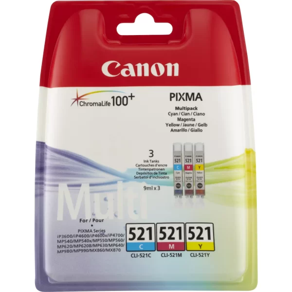 Pacote de 3 cartuchos de tinta originais Canon CLI521 - cyan, Magenta, Amarelo - 2934B010