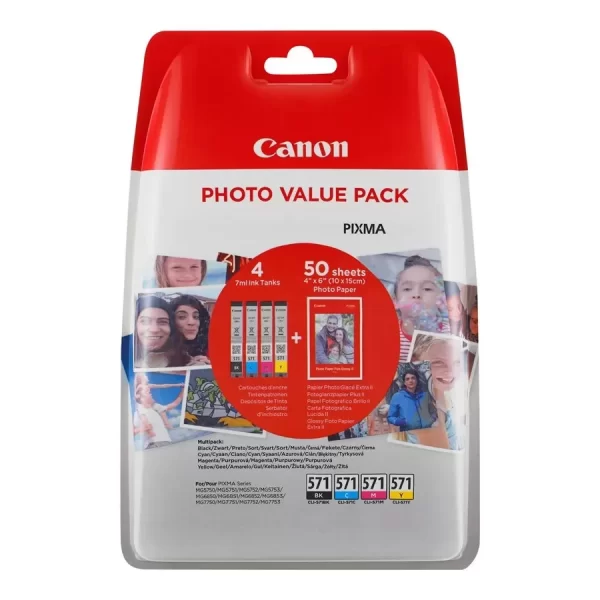 Canon CLI571 Pacote com 4 cartuchos de tinta originais - 50 folhas de papel fotográfico - 0386C006
