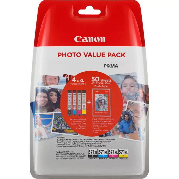 Pacote de 4 cartuchos de tinta originais Canon CLI571XL - 50 folhas de papel fotográfico - 0332C005