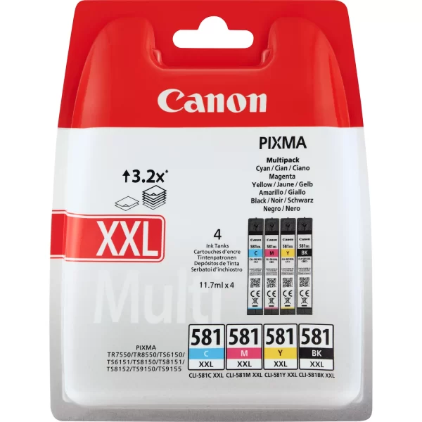 Pacote de 4 cartuchos de tinta originais Canon CLI581XXL - 1998C005
