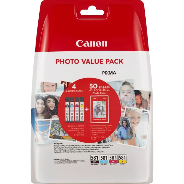 Canon CLI581 Pacote com 4 cartuchos de tinta originais - 50 folhas de papel fotográfico - 2106C005