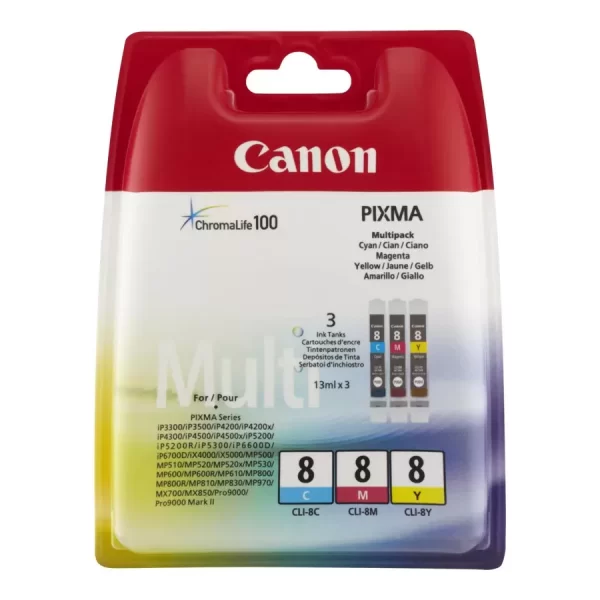 Pacote de 3 cartuchos de tinta originais Canon CLI8 - cyan, Magenta, Amarelo - 0621B029