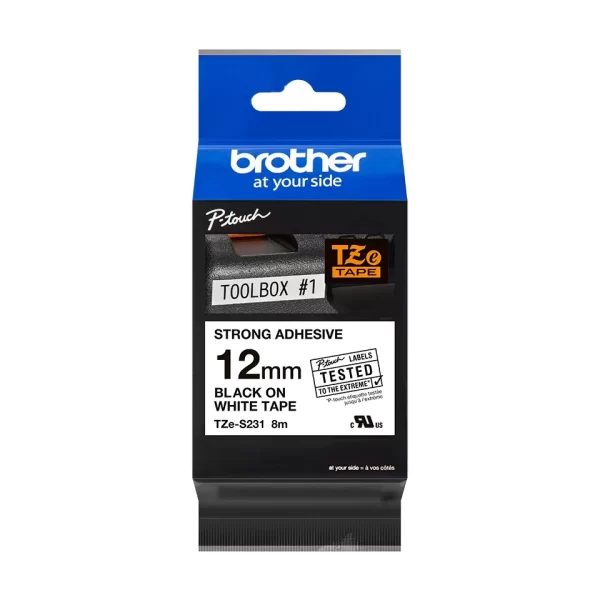 Brother TZeS231 Fita Laminada Super Adesiva Original para Etiquetas - Texto preto sobre fundo branco - Largura 12mm x 8 metros