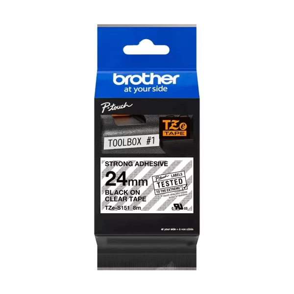 Brother TZeS151 Fita Laminada Super Adesiva Original para Etiquetas - Texto preto sobre fundo transparente - Largura 24mm x 8 metros