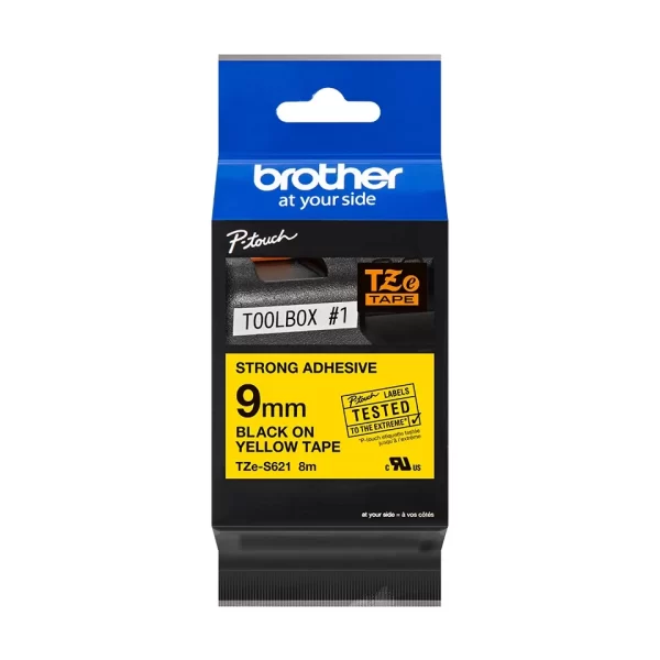 Brother TZeS621 Fita Laminada Super Adesiva Original para Etiquetas - Texto preto sobre fundo amarelo - Largura 9mm x 8 metros