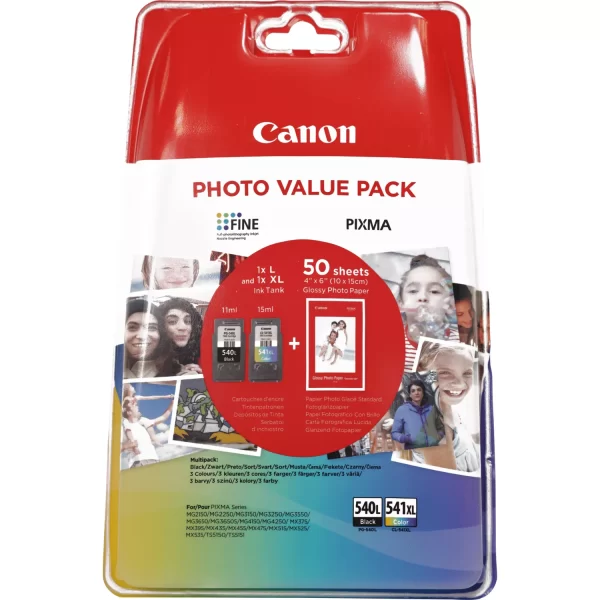 Canon PG540L Preto + CL541XL Colorido Pacote com 2 Cartuchos de Tinta Originais - 50 Folhas de Papel Fotográfico - 5224B007/5224B005/5222B013/5222B014
