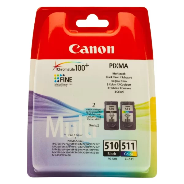 Pacote de 2 cartuchos de tinta originais Canon PG510 preto + CL511 colorido - 2970B010